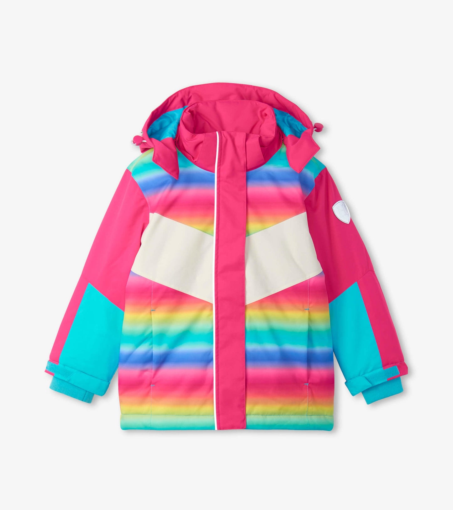Colorful ski jacket featuring a rainbow stripe pattern with a pink hood and turquoise accents.