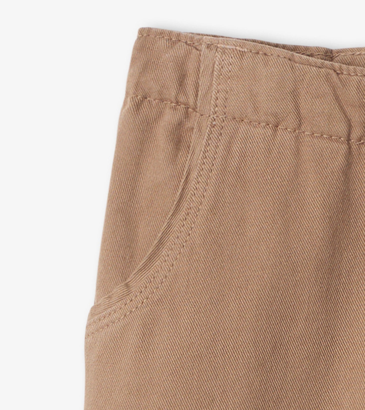 Khaki twill shorts with a smooth texture and side pockets, suitable for casual wear.
