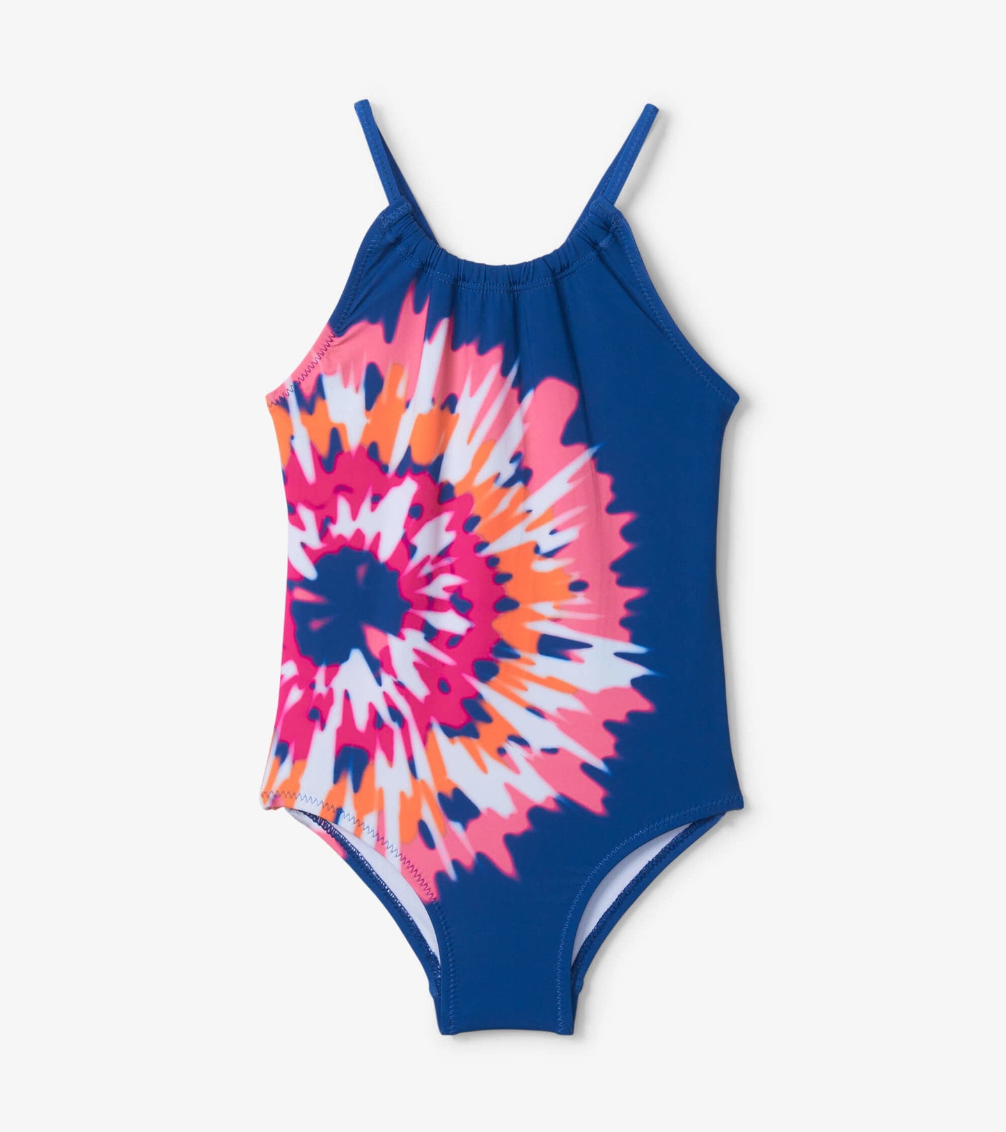 Navy swimsuit with a vibrant pink, orange, and white shibori tie-dye pattern, featuring a gathered front and adjustable stra…
