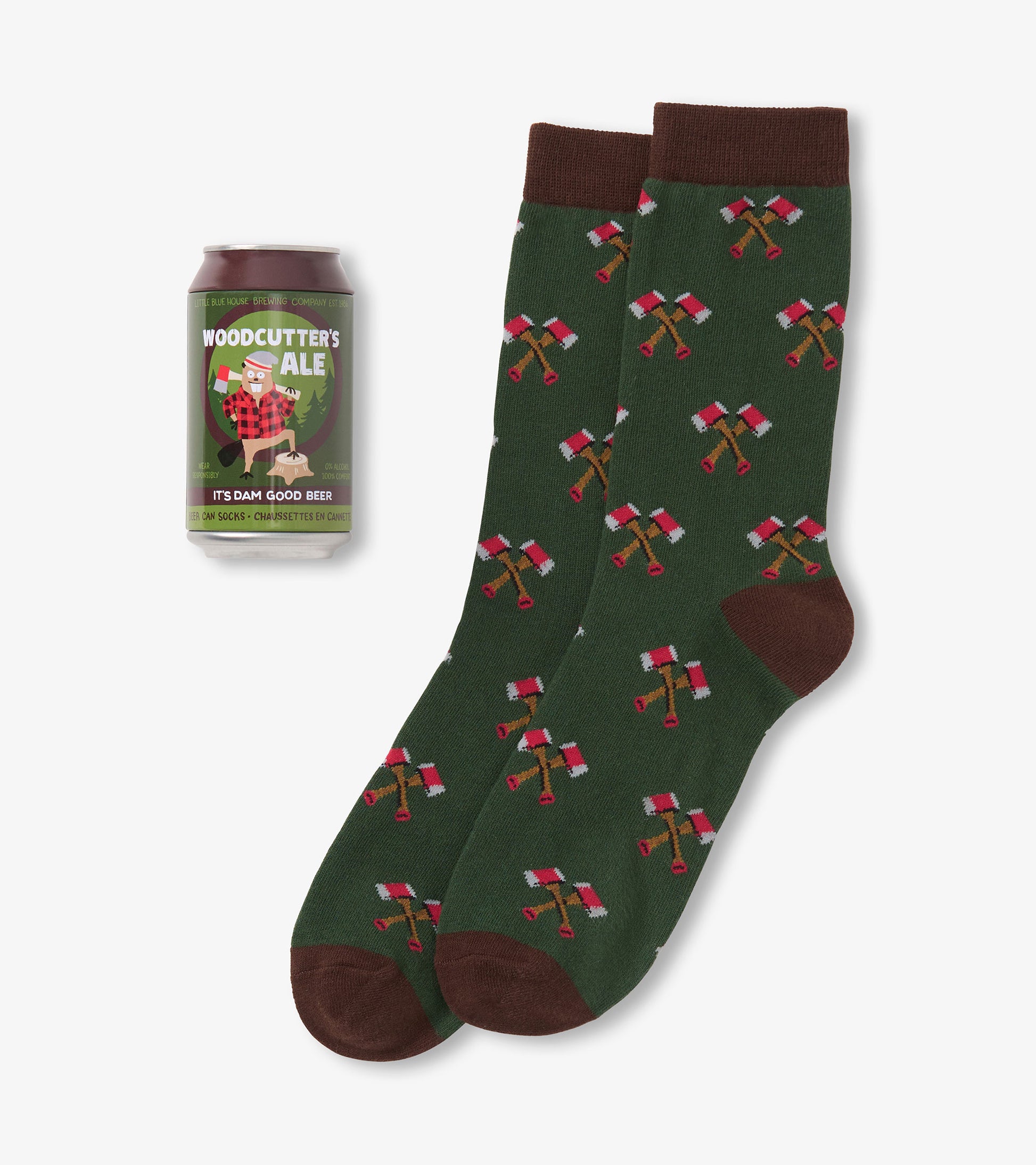 Green socks with a woodcutter's axe pattern and brown cuffs, paired with a beer can.