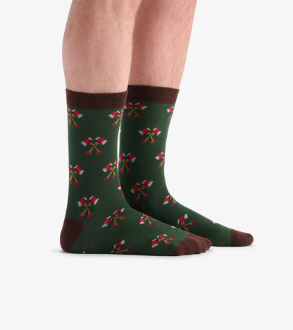 Green socks featuring a woodcutter's axe pattern, with brown cuffs and toe, suitable for casual wear.