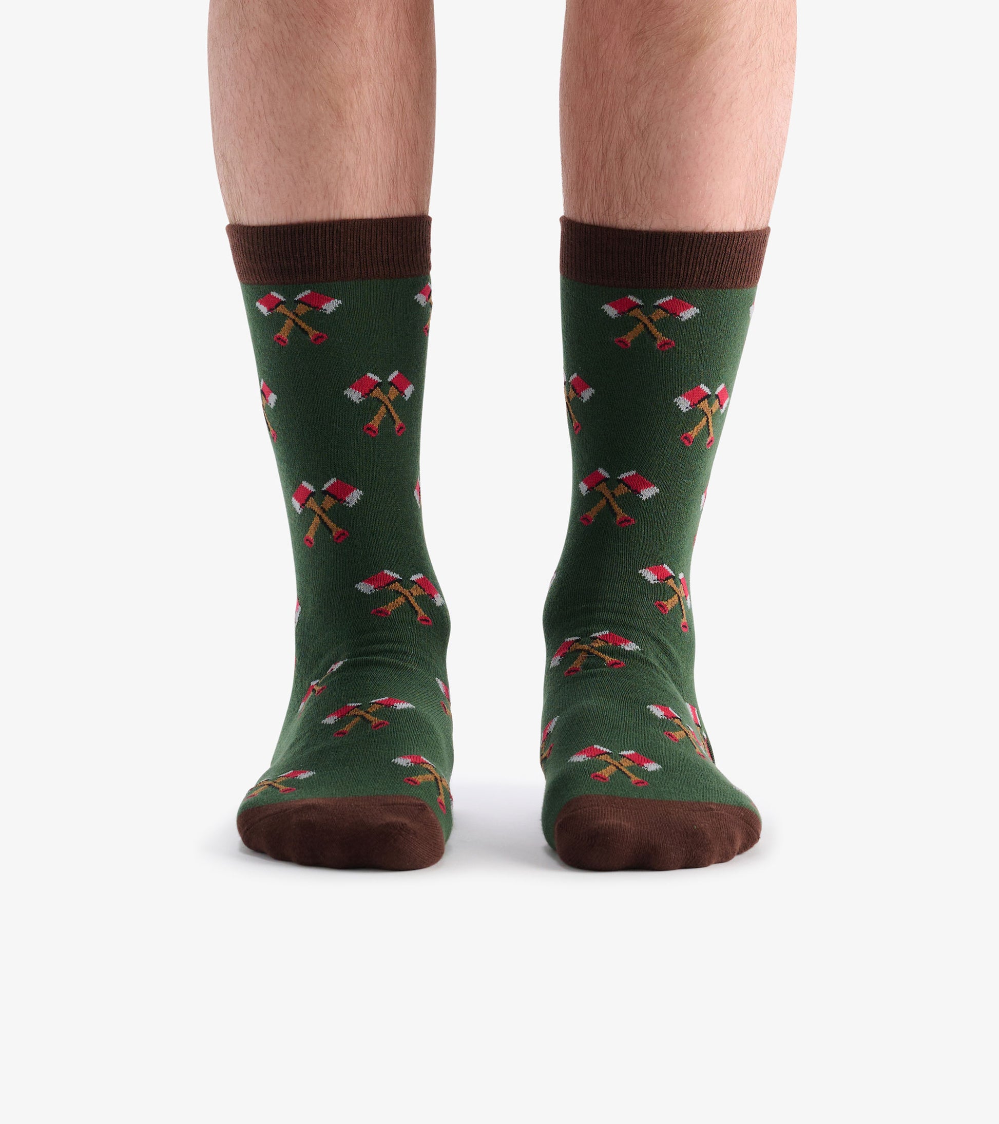 Green socks featuring a pattern of crossed axes, with brown cuffs and toes, designed for casual wear.