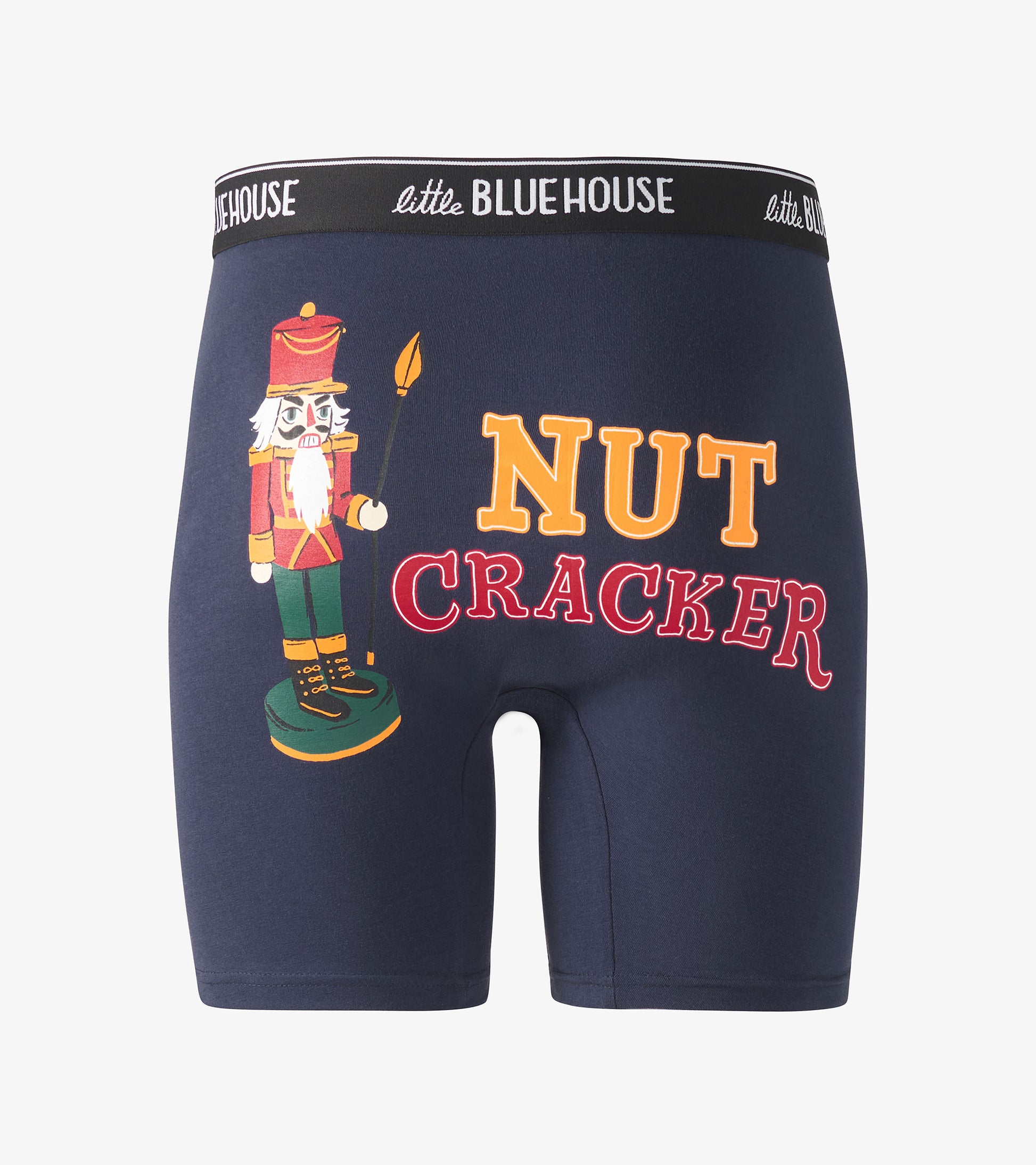 Navy boxer briefs featuring a nutcracker graphic and "NUT CRACKER" text in vibrant colors on the back.