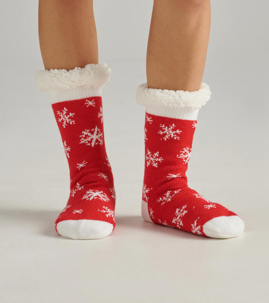 Women's Snowflakes on Red Sherpa Lined Cabin Sock