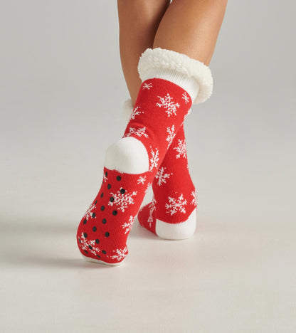 Women's Snowflakes on Red Sherpa Lined Cabin Sock