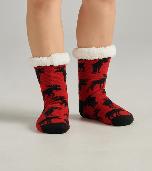 Moose On Red Women's Sherpa Lined Cabin Sock