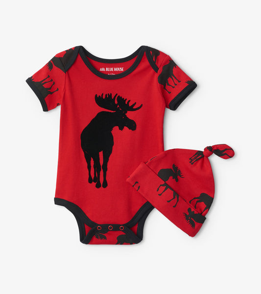 Moose on Red Baby Bodysuit with Hat