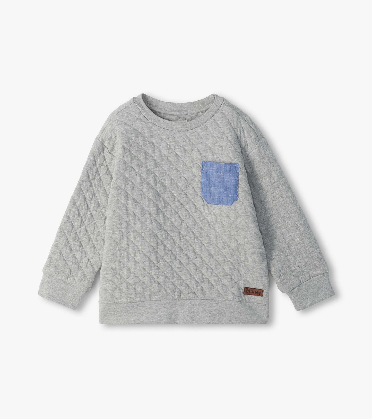 Grey quilted long sleeve pullover with a blue chest pocket and ribbed cuffs and hem