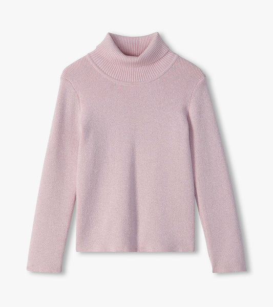 Light pink glitter turtleneck sweater with long sleeves and a ribbed folded collar