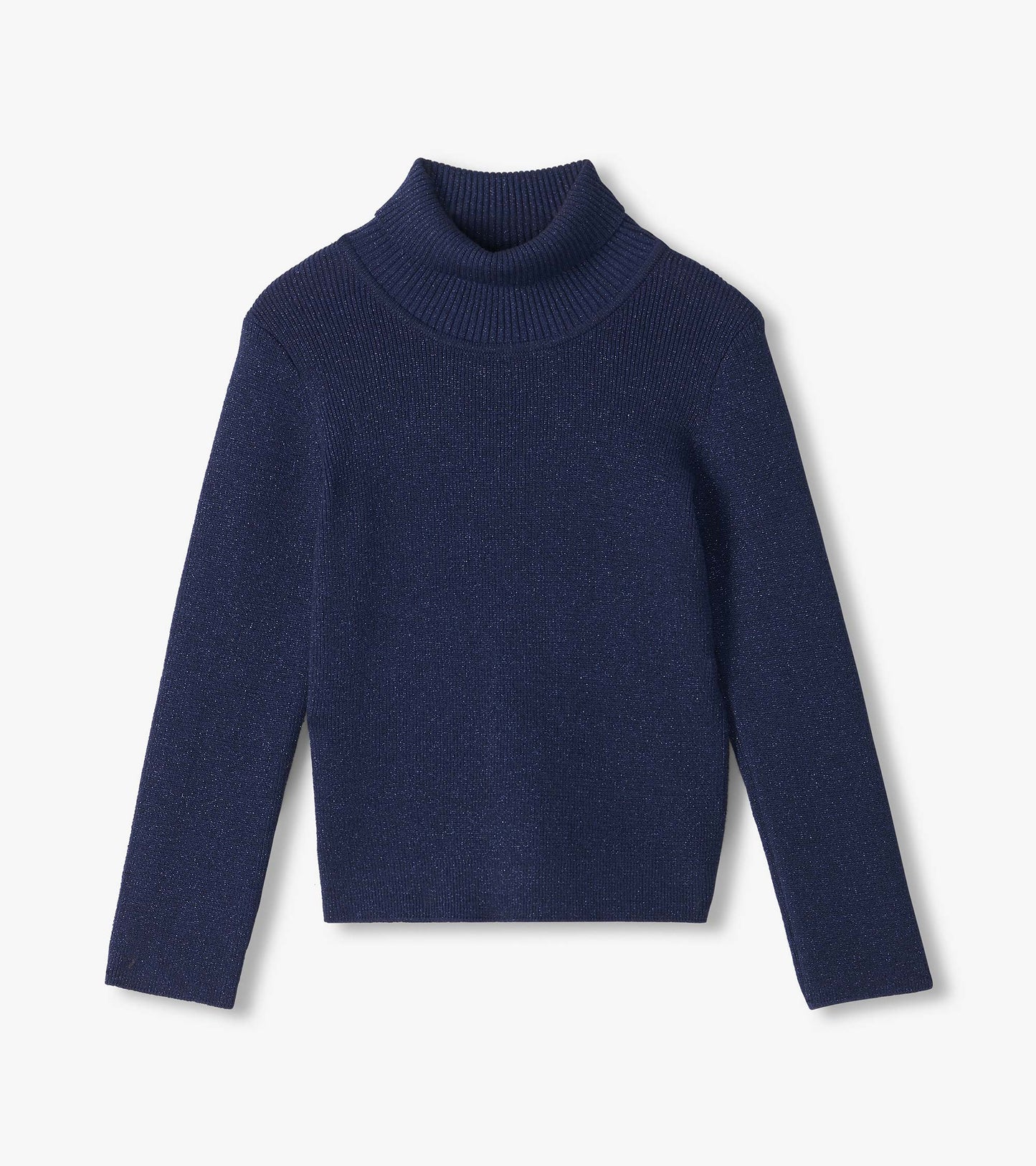 Patriot blue glitter turtleneck sweater with long sleeves and a ribbed foldover neck
