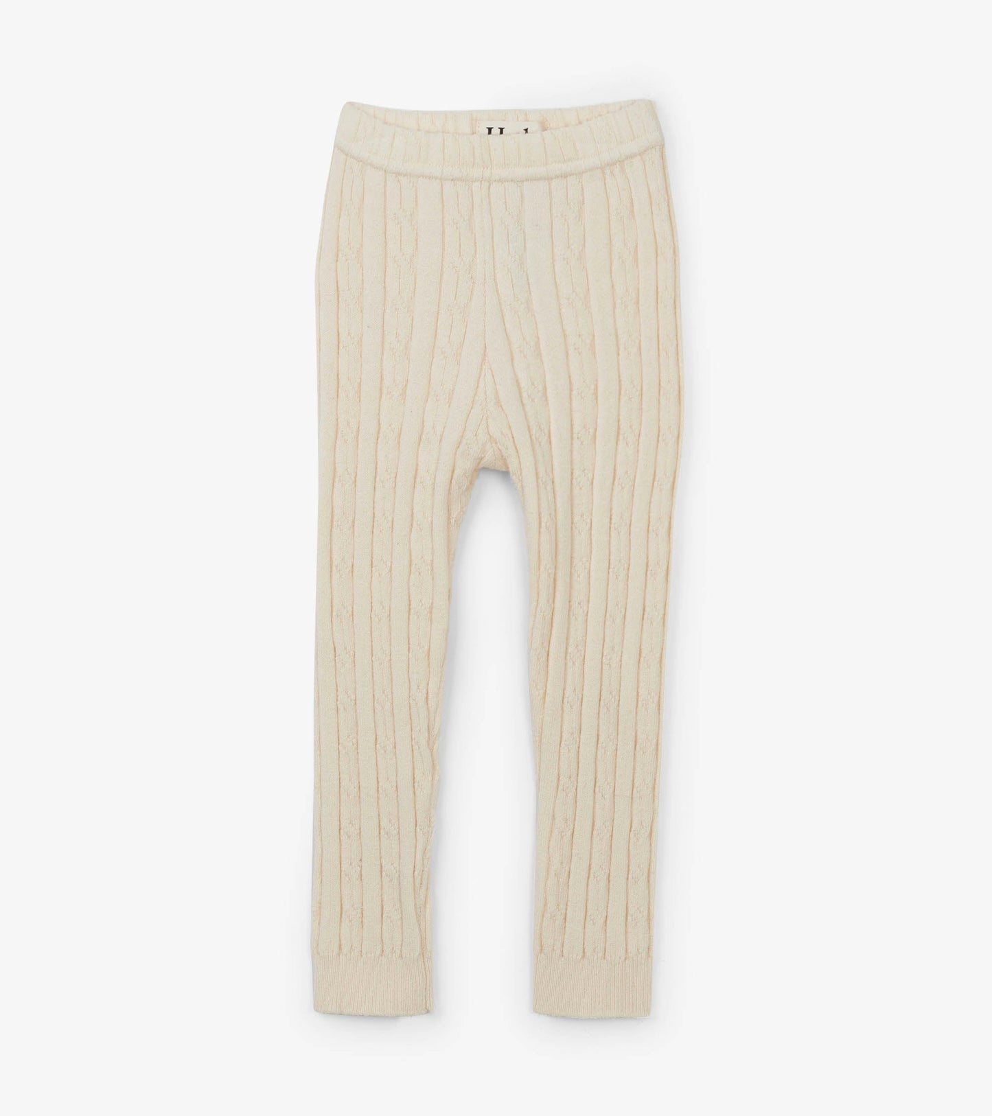 Cream cable knit tights with a ribbed pattern, designed for infants, featuring an elastic waistband.