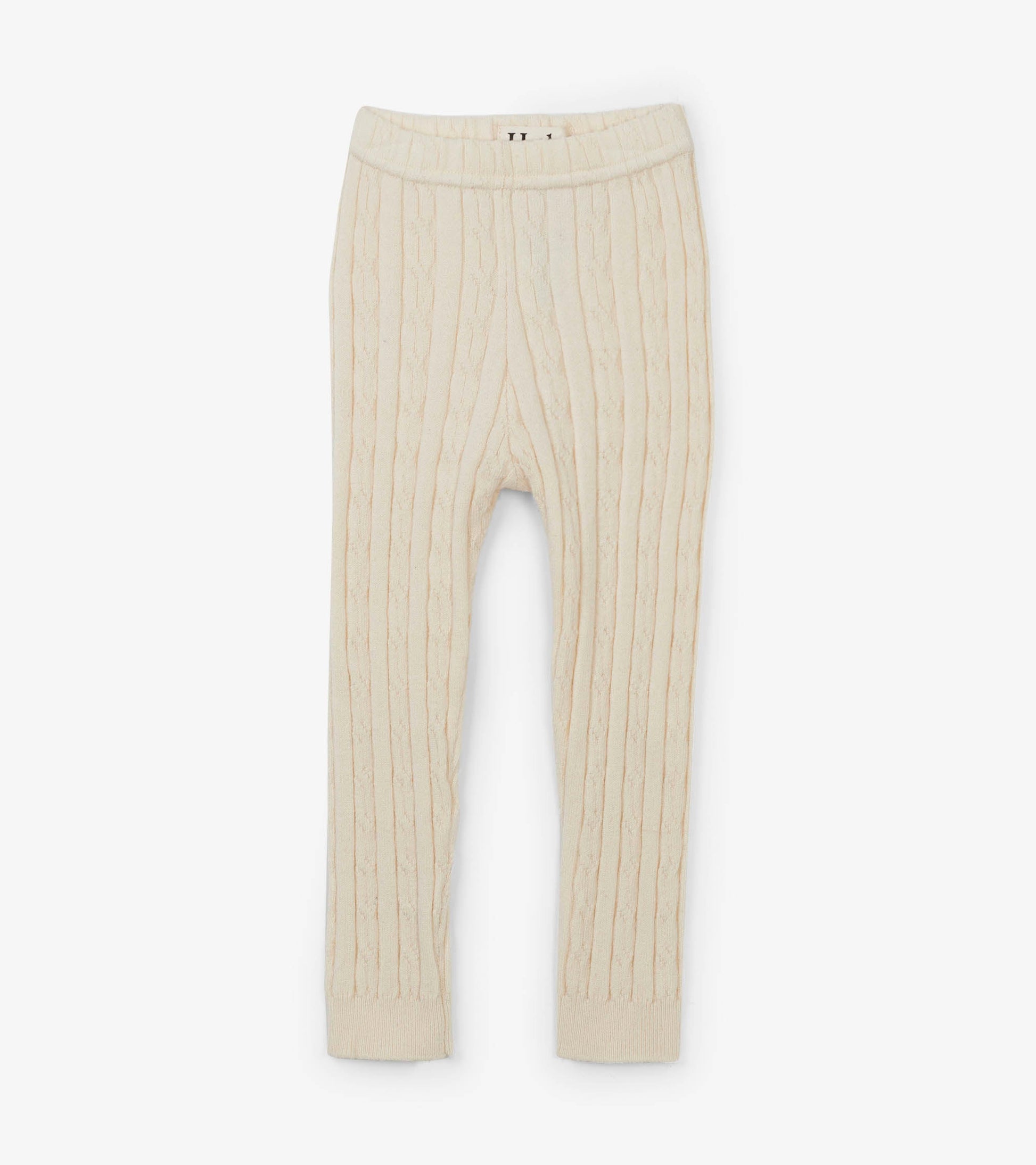 Cream cable knit tights with a ribbed pattern, designed for infants, featuring an elastic waistband.