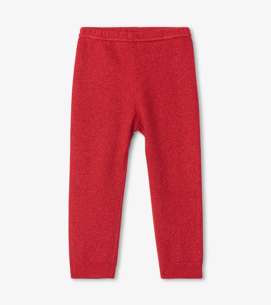 Red shimmer cable knit leggings for babies, featuring a stretchy waistband and tapered legs.