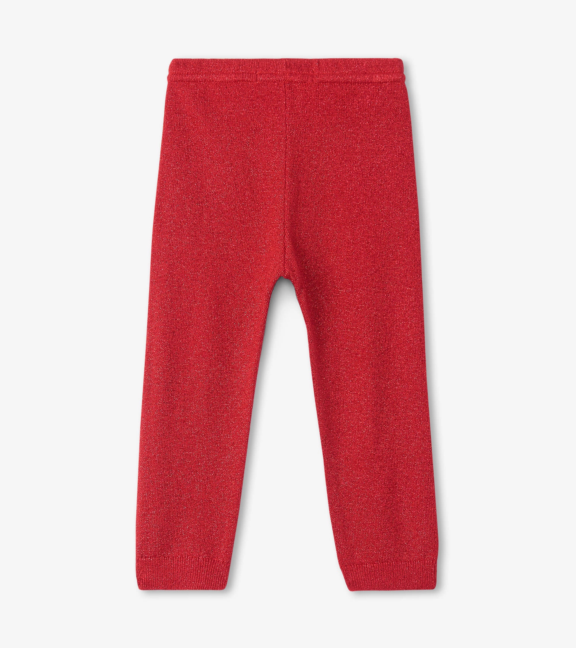Red shimmer cable knit leggings for babies, featuring a snug fit and elastic waistband.