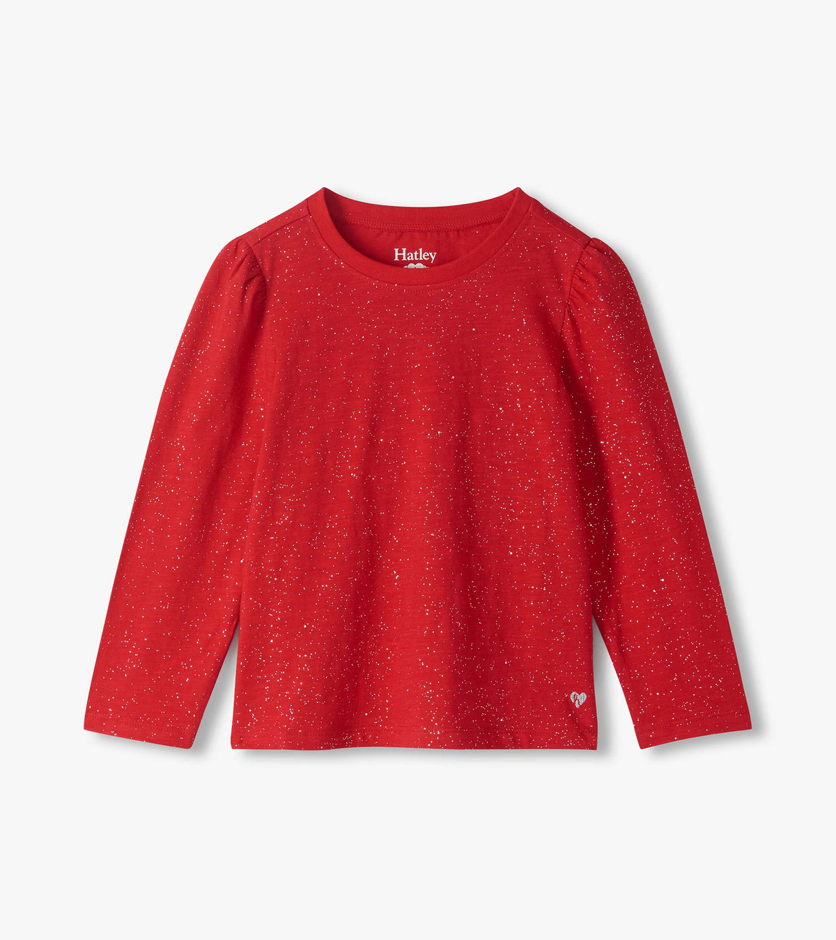 Front view of a red long sleeve tee with silver speckles, puff shoulders, and a small heart near the hem