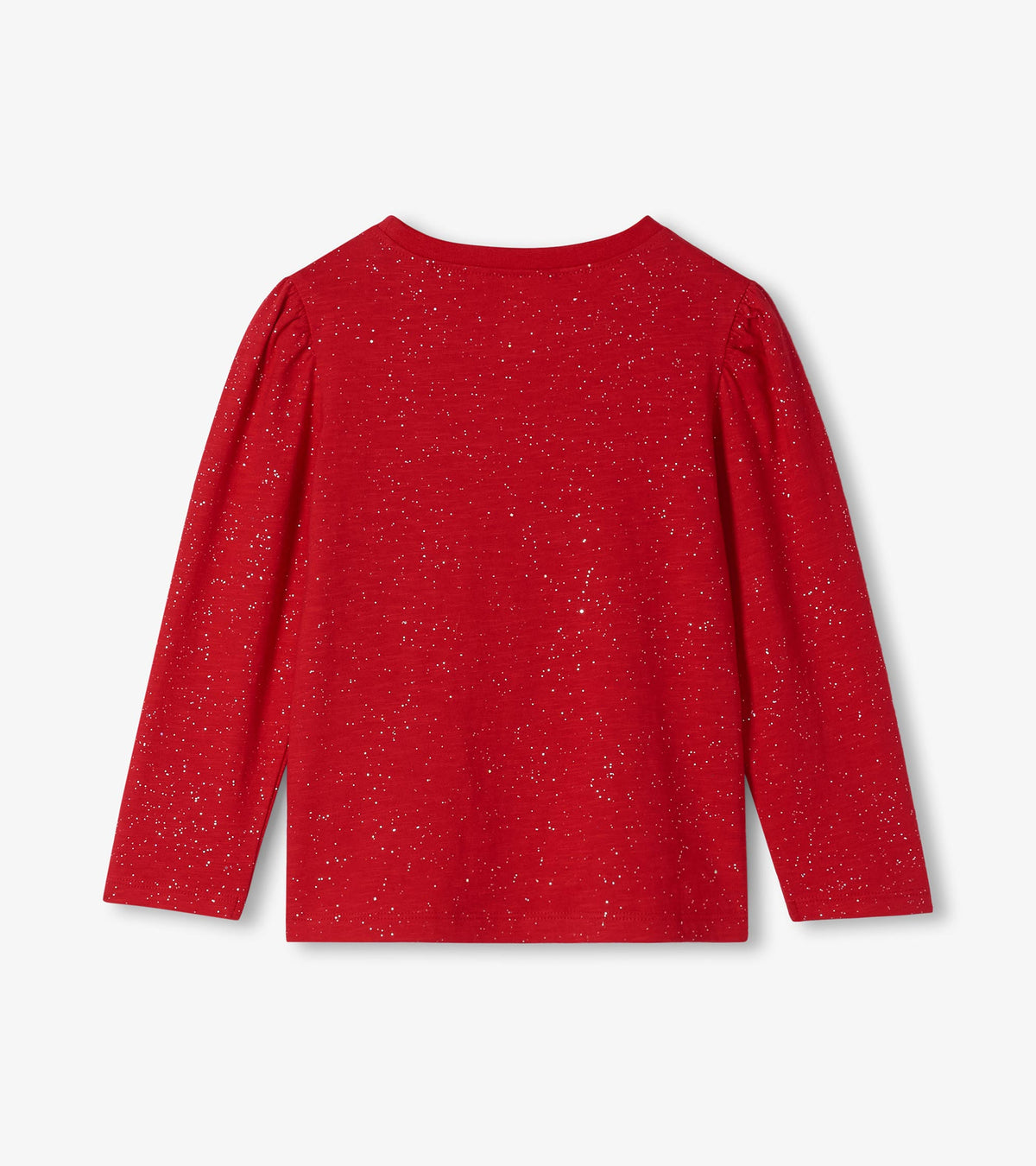 Back view of a red long sleeve tee with silver speckles and puff shoulders