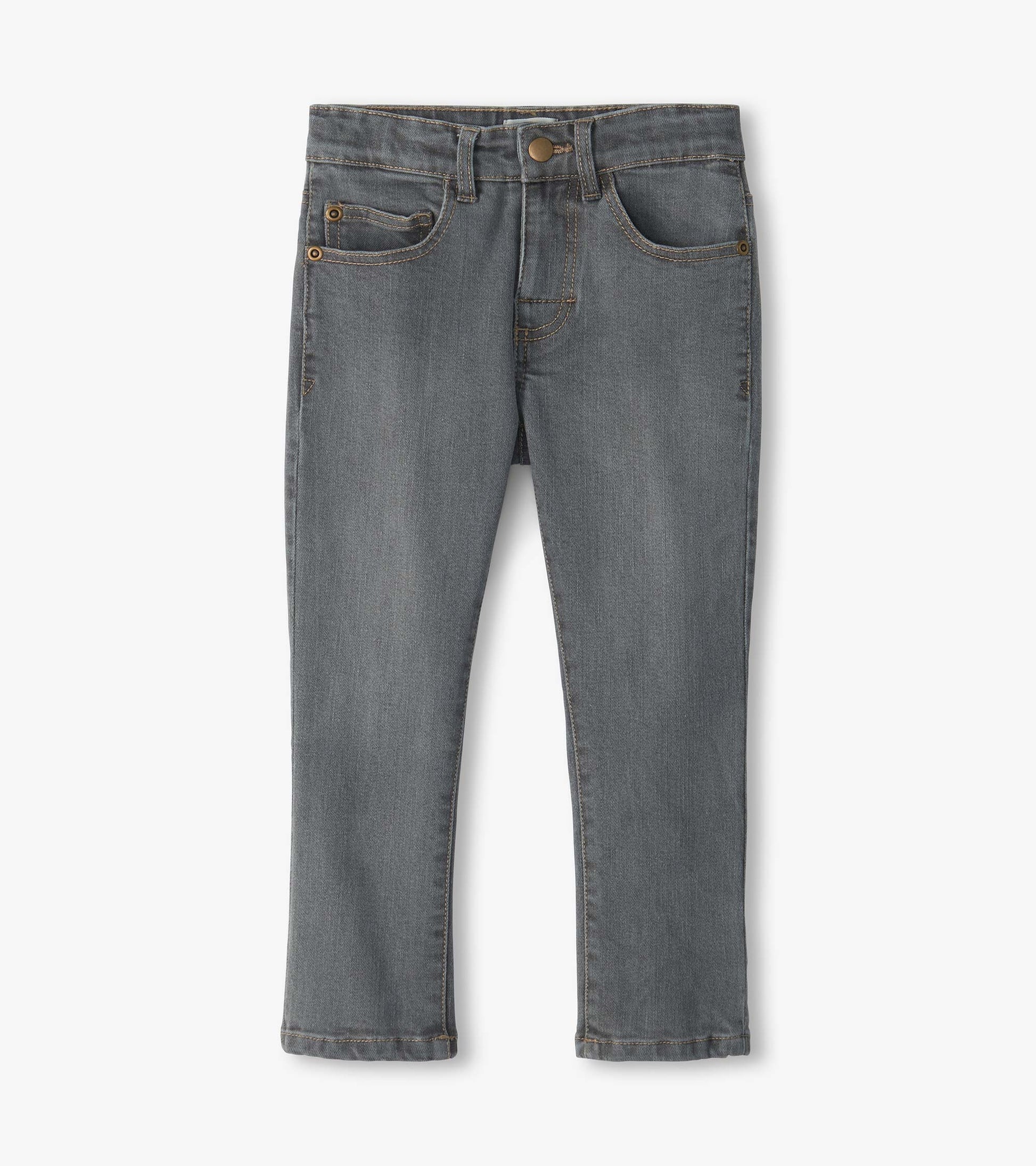Front view of charcoal grey jeans with five-pocket styling and slim straight legs