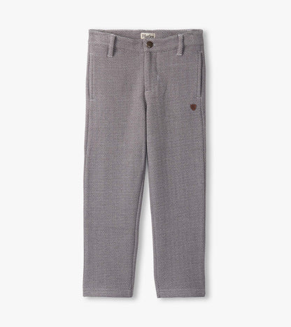 Dark grey herringbone straight leg pants with front pockets and a button closure. Suitable for boys.