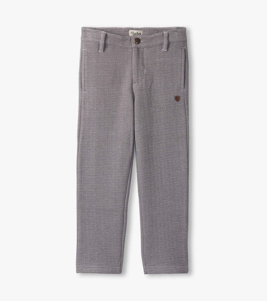 Dark grey herringbone straight leg pants with front pockets and a button closure. Suitable for boys.