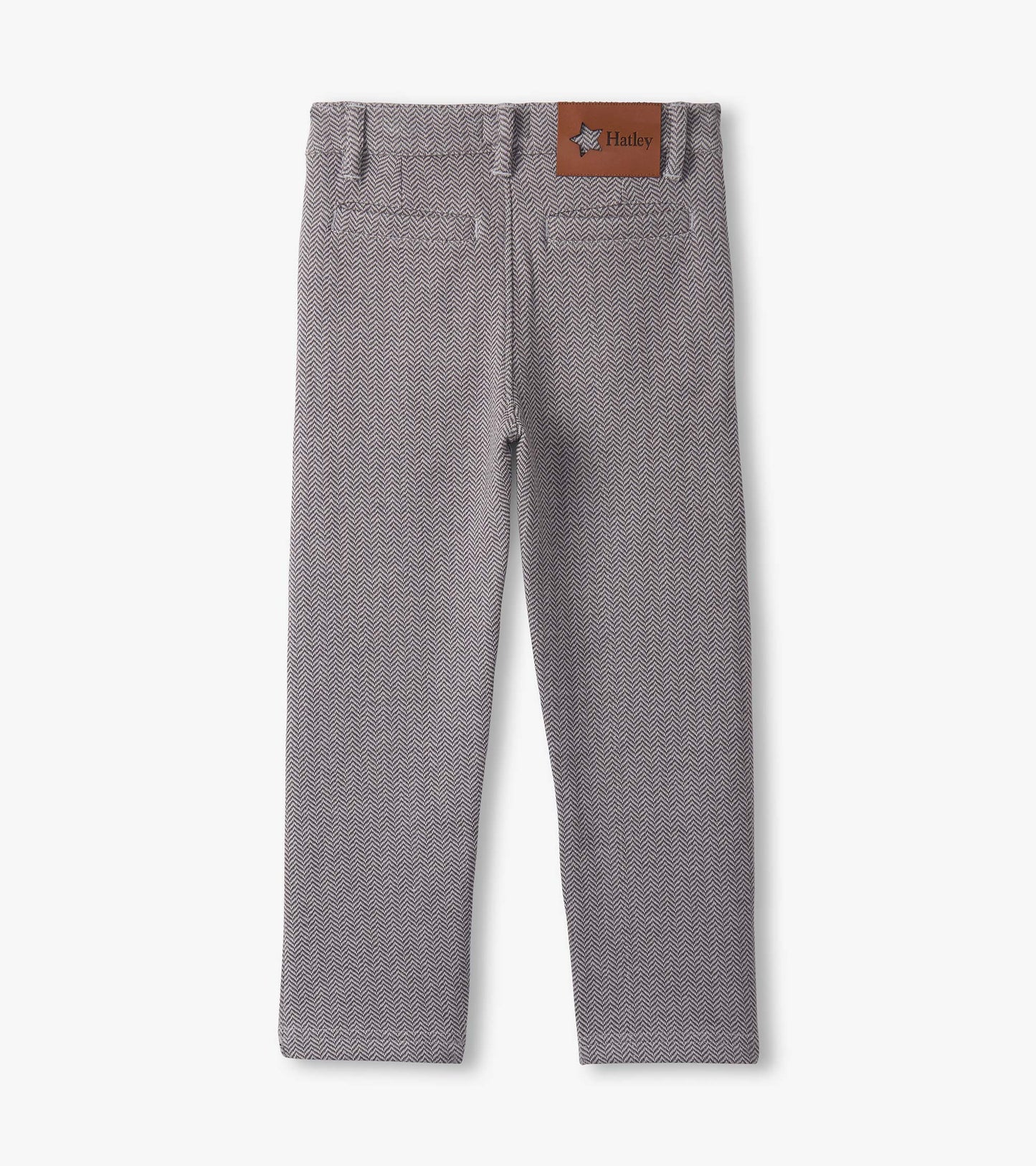 Dark grey herringbone straight leg pants with a leather patch on the waistband, shown from the back.