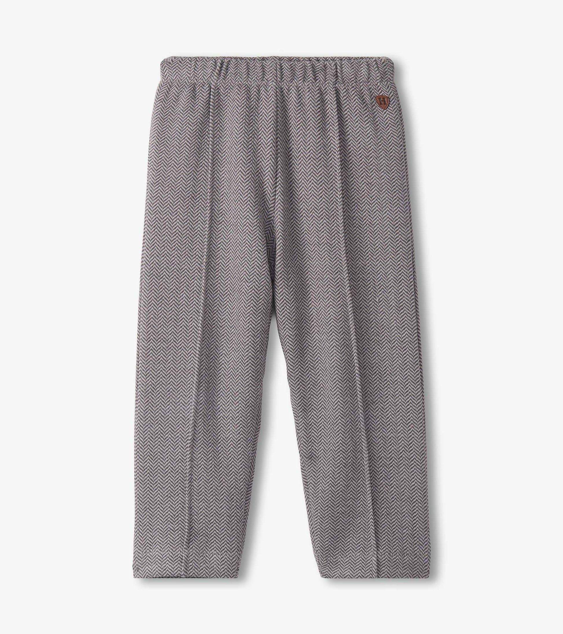 Dark grey stretch herringbone pants with an elastic waistband, suitable for baby and toddler boys.
