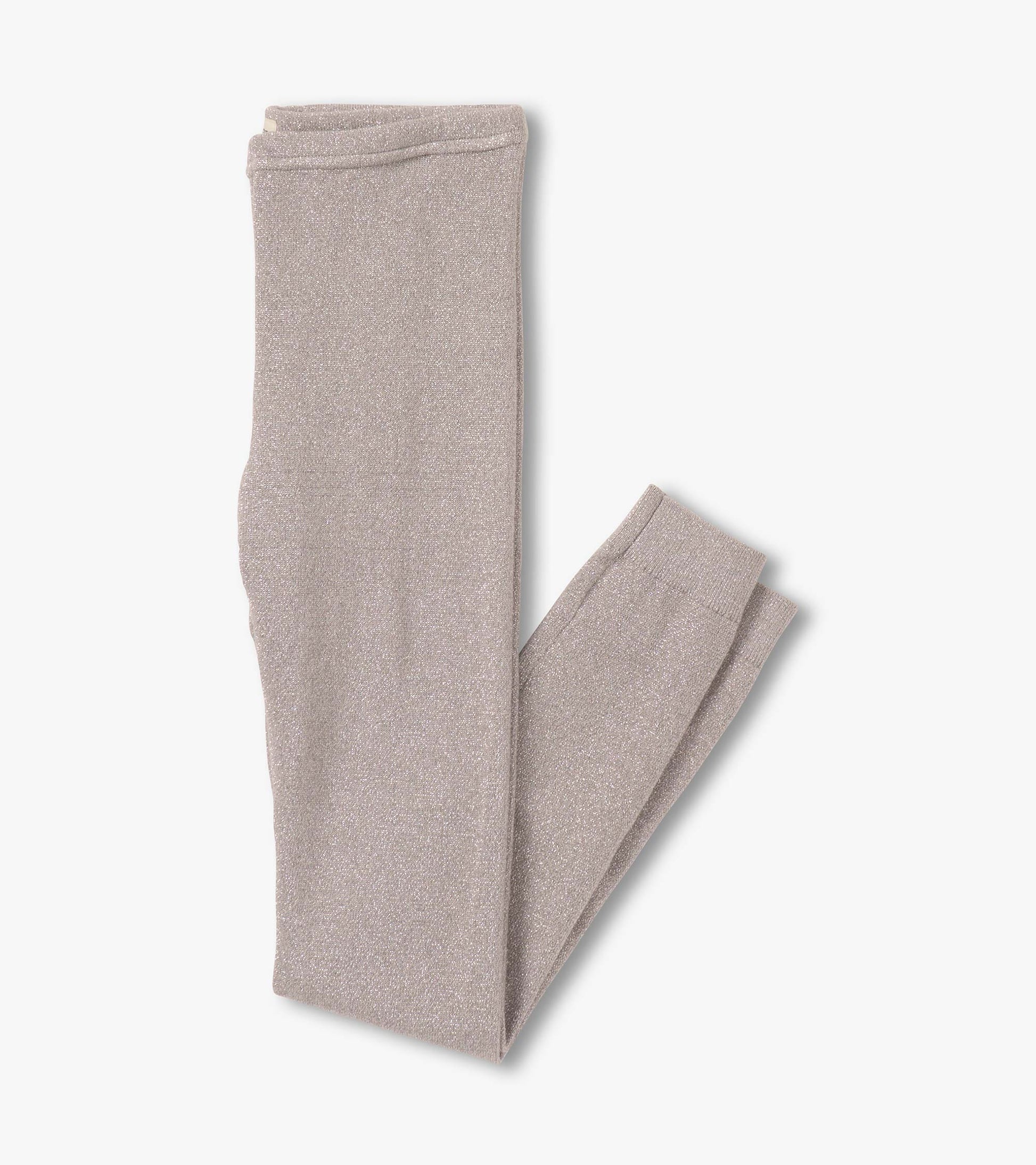 Silver shimmer cable knit leggings with a soft texture, featuring a fitted design and elastic waistband.