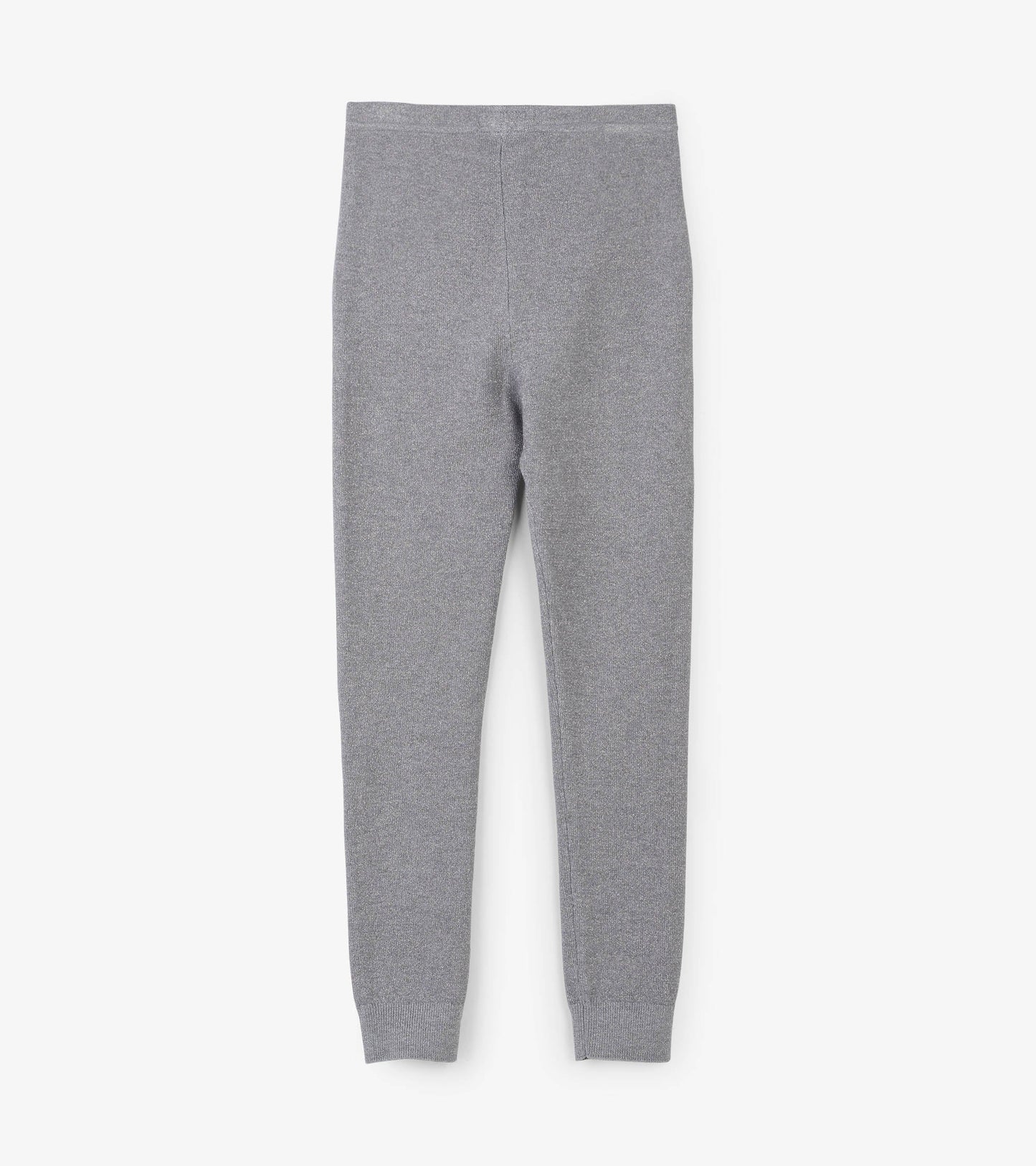 Silver shimmer cable knit leggings with a snug fit and elastic waistband, suitable for girls.