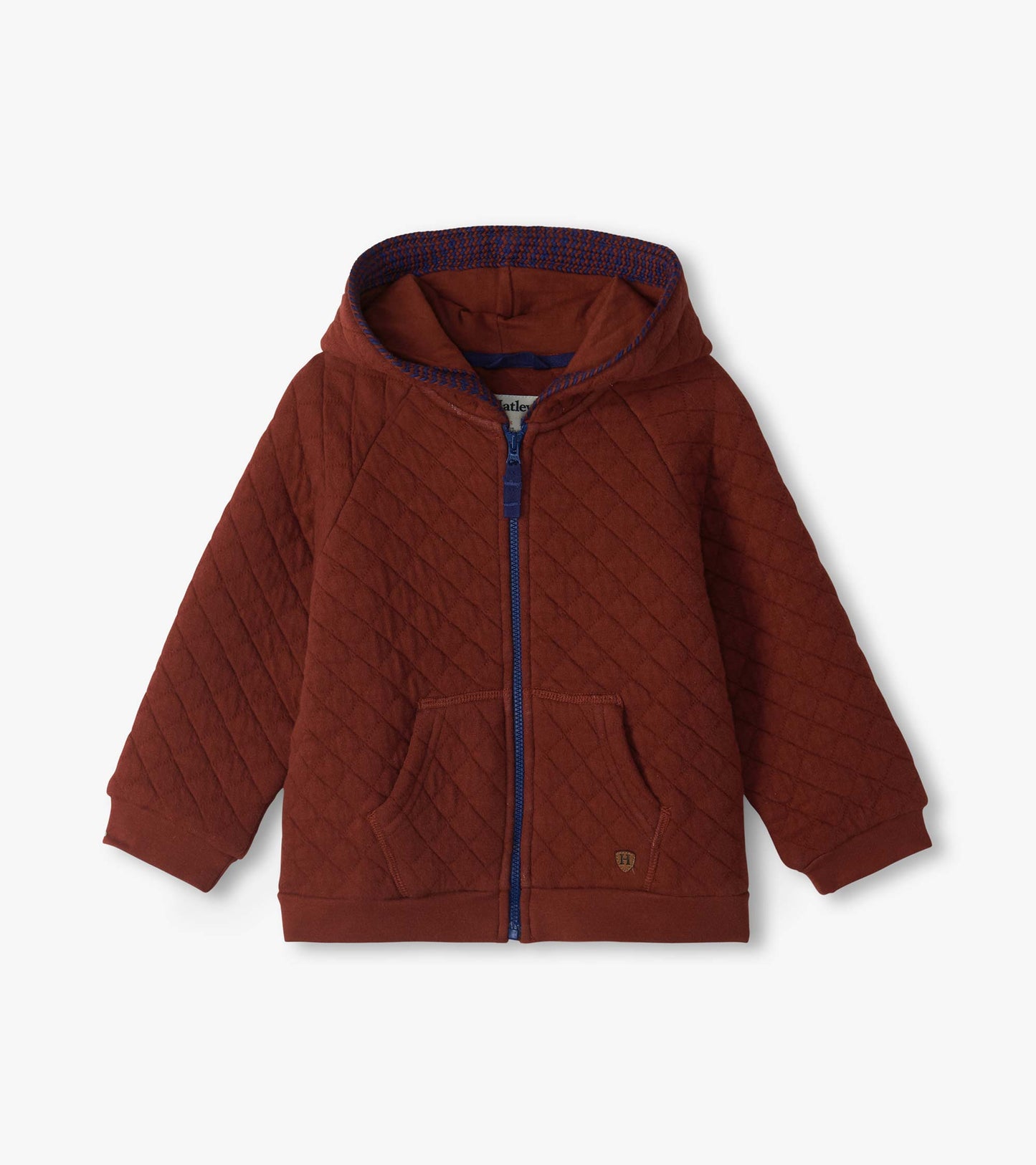 Infant madder brown quilted hoodie with blue zipper, front pockets, and hood
