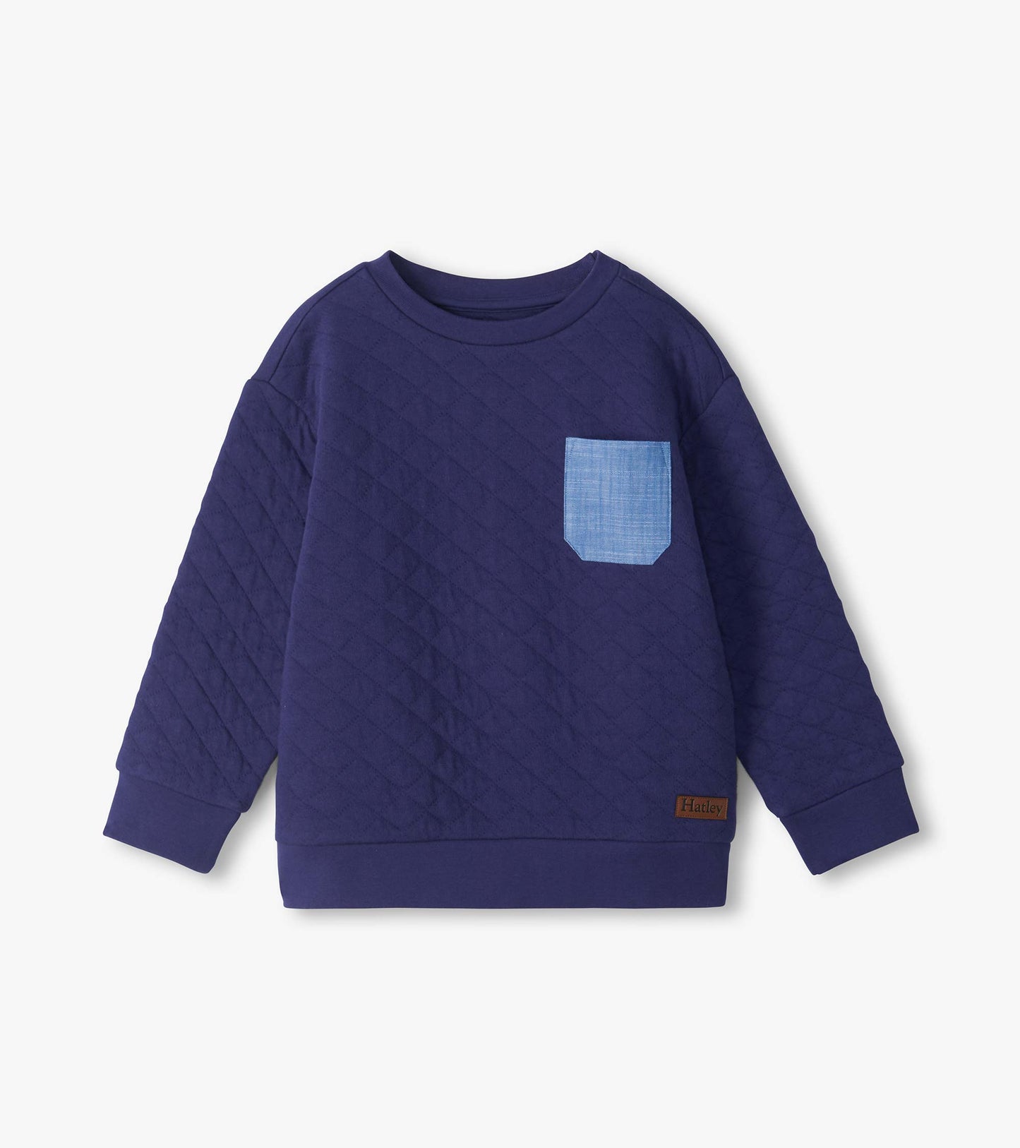 Patriot blue quilted pullover with long sleeves, ribbed trim, and light blue chest pocket
