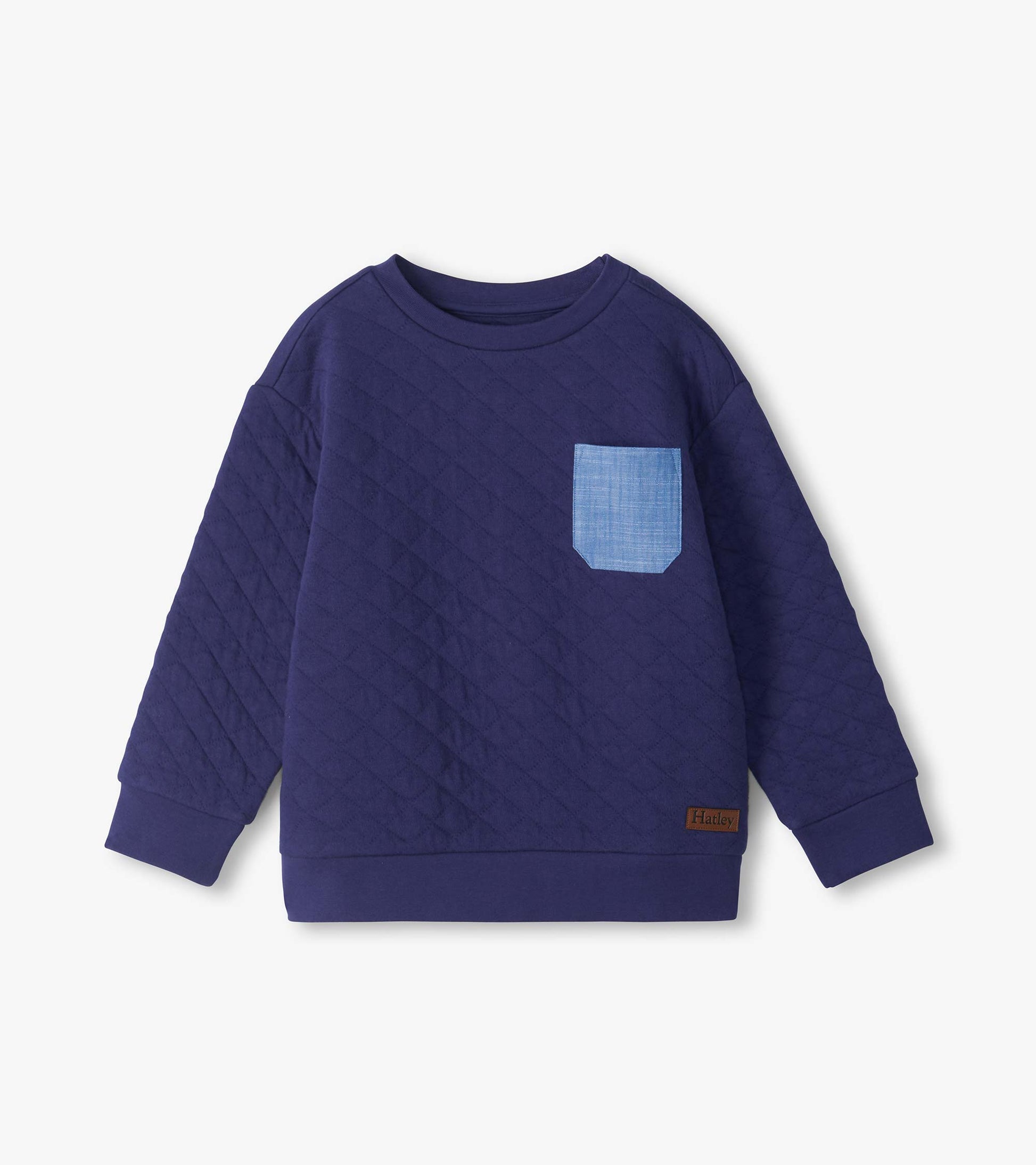 Patriot blue quilted pullover with long sleeves, ribbed trim, and light blue chest pocket