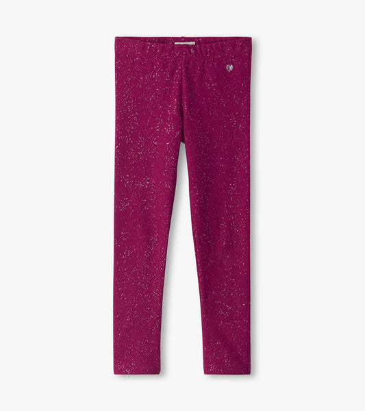 Raspberry pink girls leggings with silver speckle print and small heart detail at the waistband