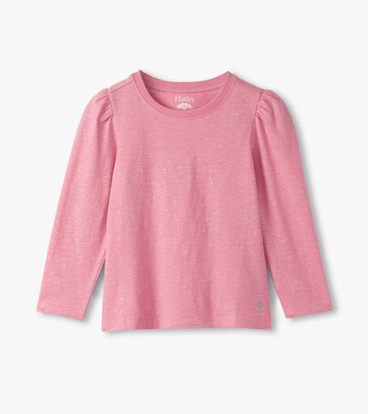 Girls Sea Pink Sparkle Puff Sleeve Graphic Tee
