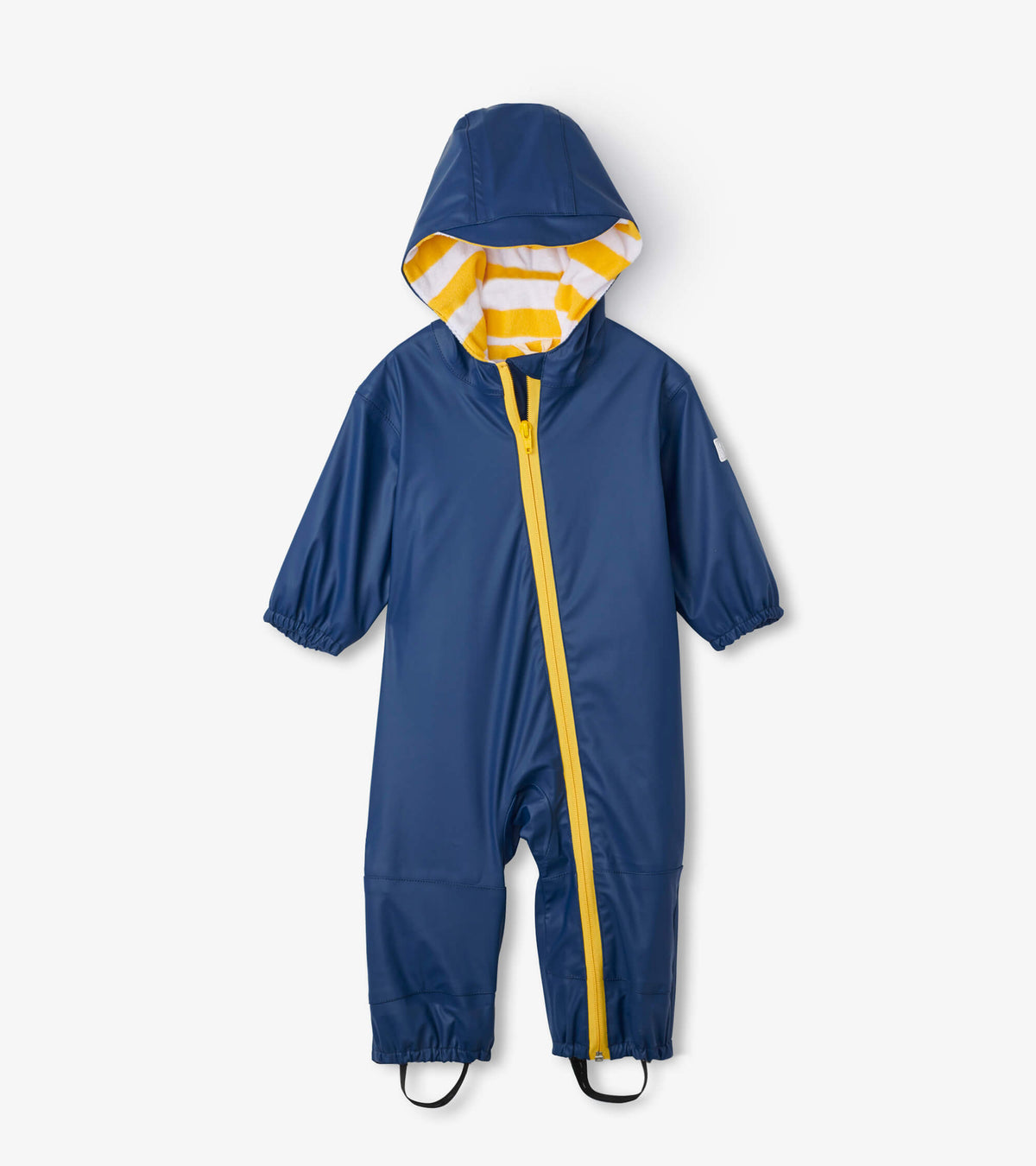 Front view of baby navy rain suit with hood, yellow zipper, striped hood lining, and black boot straps