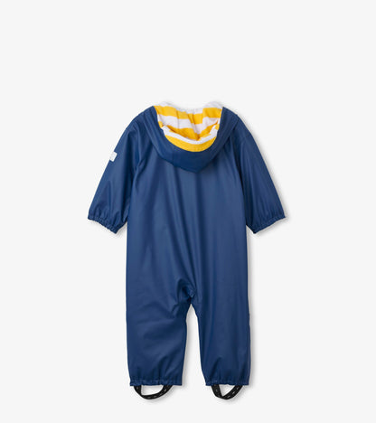 Back view of baby navy rain suit with hood, yellow and white striped lining, and black boot straps
