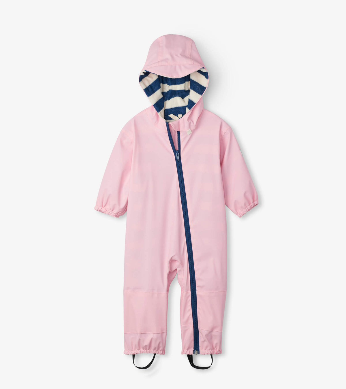 Front view of baby pink hooded rain suit with navy zipper, striped hood lining, and black boot straps