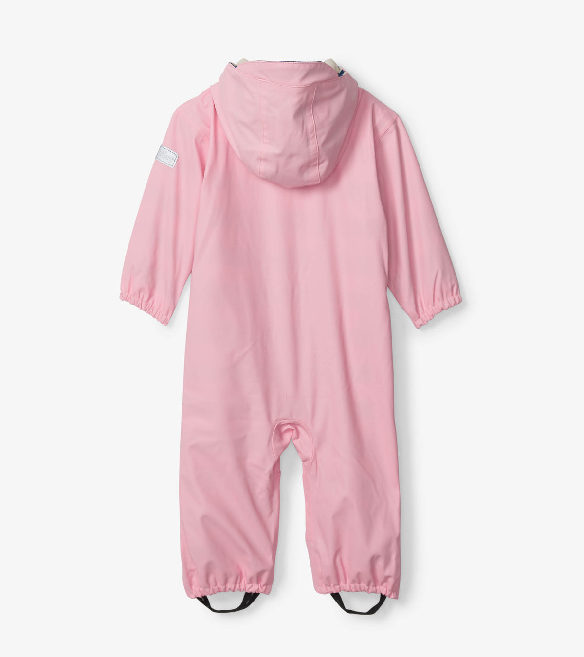 Back view of baby pink hooded rain suit with elastic cuffs and black boot straps