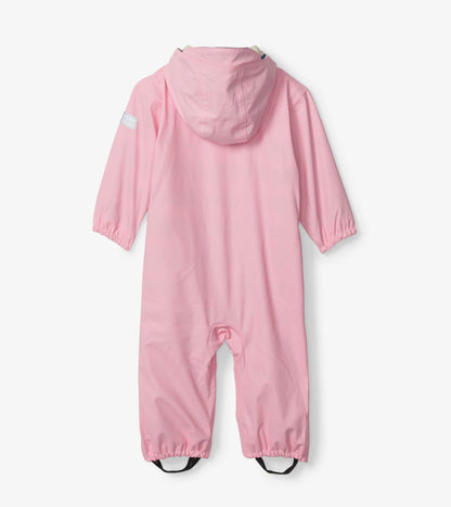 Back view of baby pink hooded rain suit with elastic cuffs and black boot straps