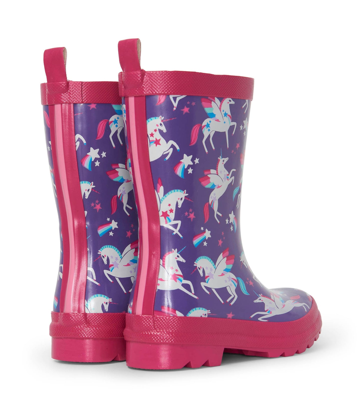 Purple shiny wellies featuring a unicorn and star pattern, with pink accents and a textured sole for grip.