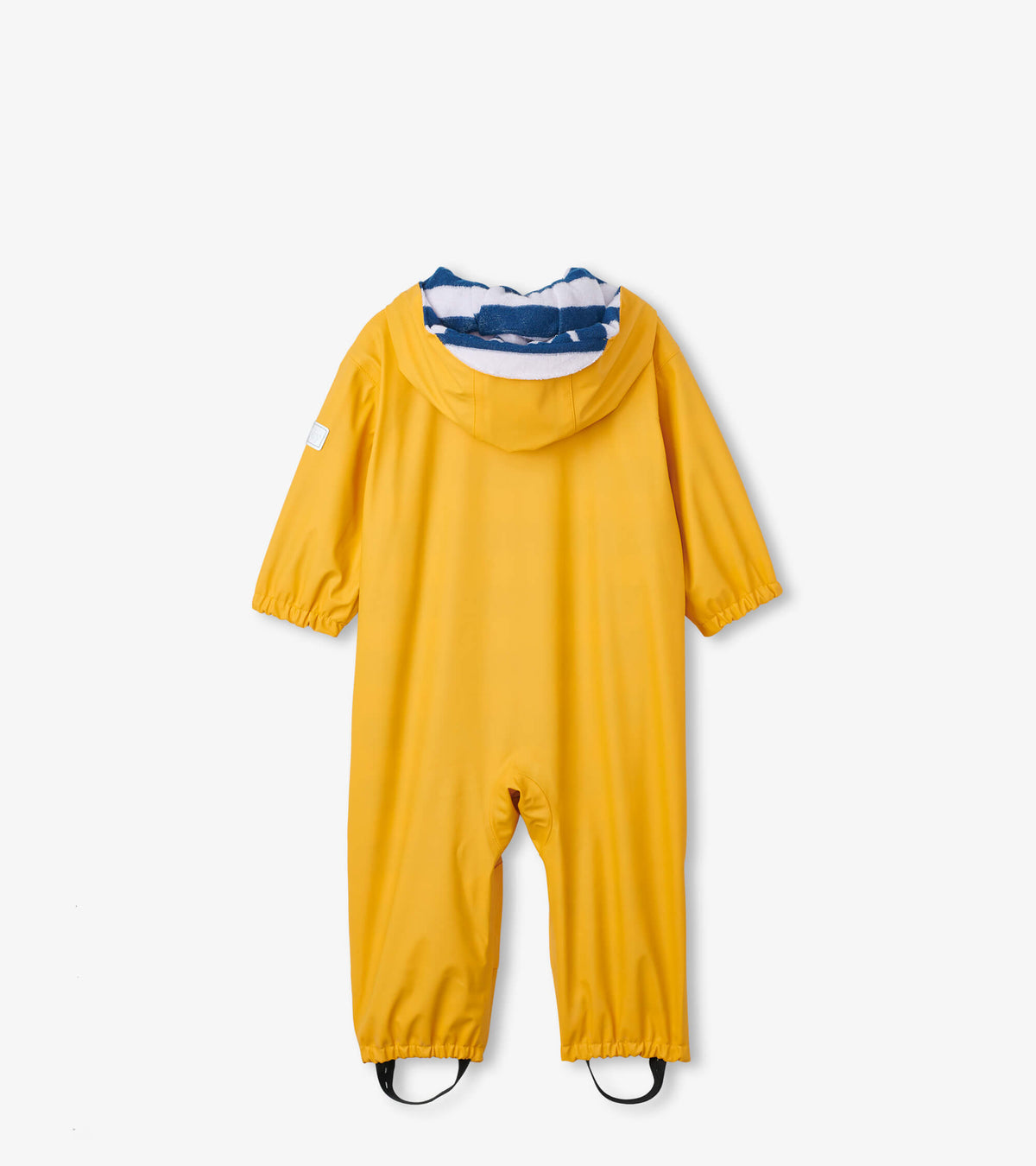 Back view of a yellow baby rain suit with hood, striped lining, elastic cuffs, and black boot straps