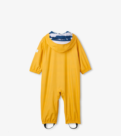 Back view of a yellow baby rain suit with hood, striped lining, elastic cuffs, and black boot straps