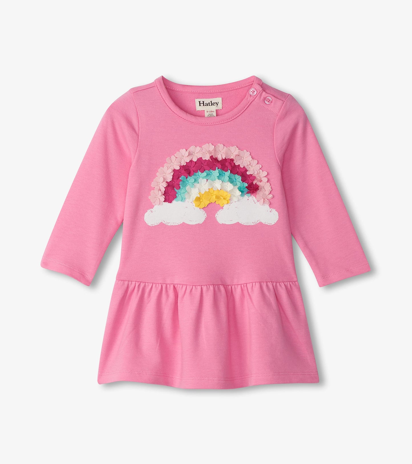 Pink long-sleeve toddler dress with rainbow and cloud floral applique, front view