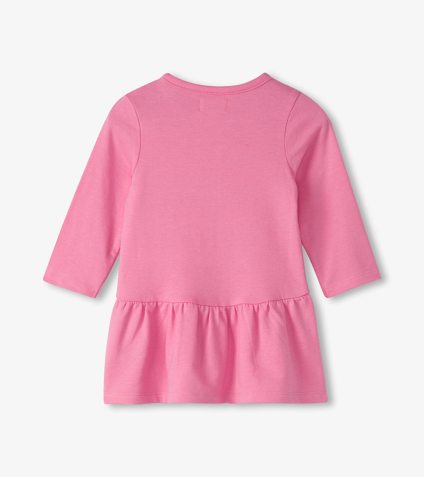 Pink long-sleeve toddler dress with a flounce skirt, shown from the back on a white background