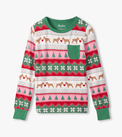 Girls Puppy Hearts Fair Isle Bamboo Pyjama Set