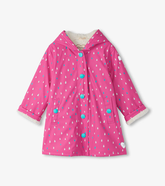 Girls Tiny Dots Sherpa Lined Button-Up Colour Changing Rain Jacket