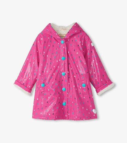 Girls Tiny Dots Sherpa Lined Button-Up Rain Jacket