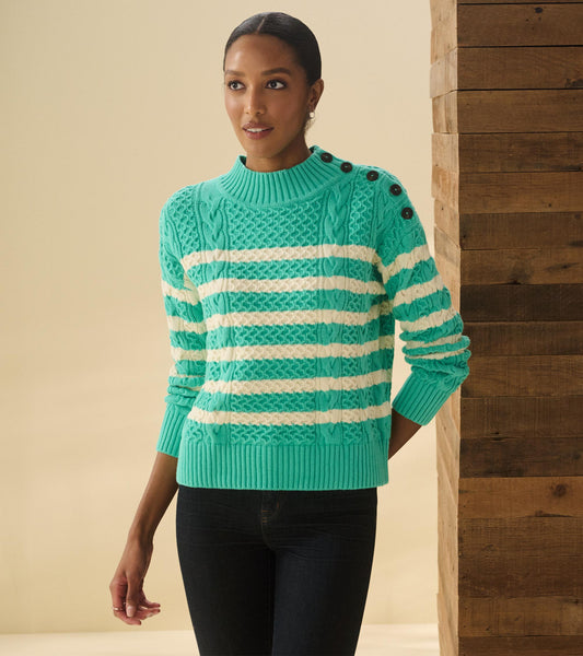 Button Neck Sweater - Turquoise Stripes