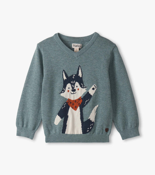 V-neck sweater in teal with a friendly wolf design and orange scarf, suitable for baby and toddler boys.