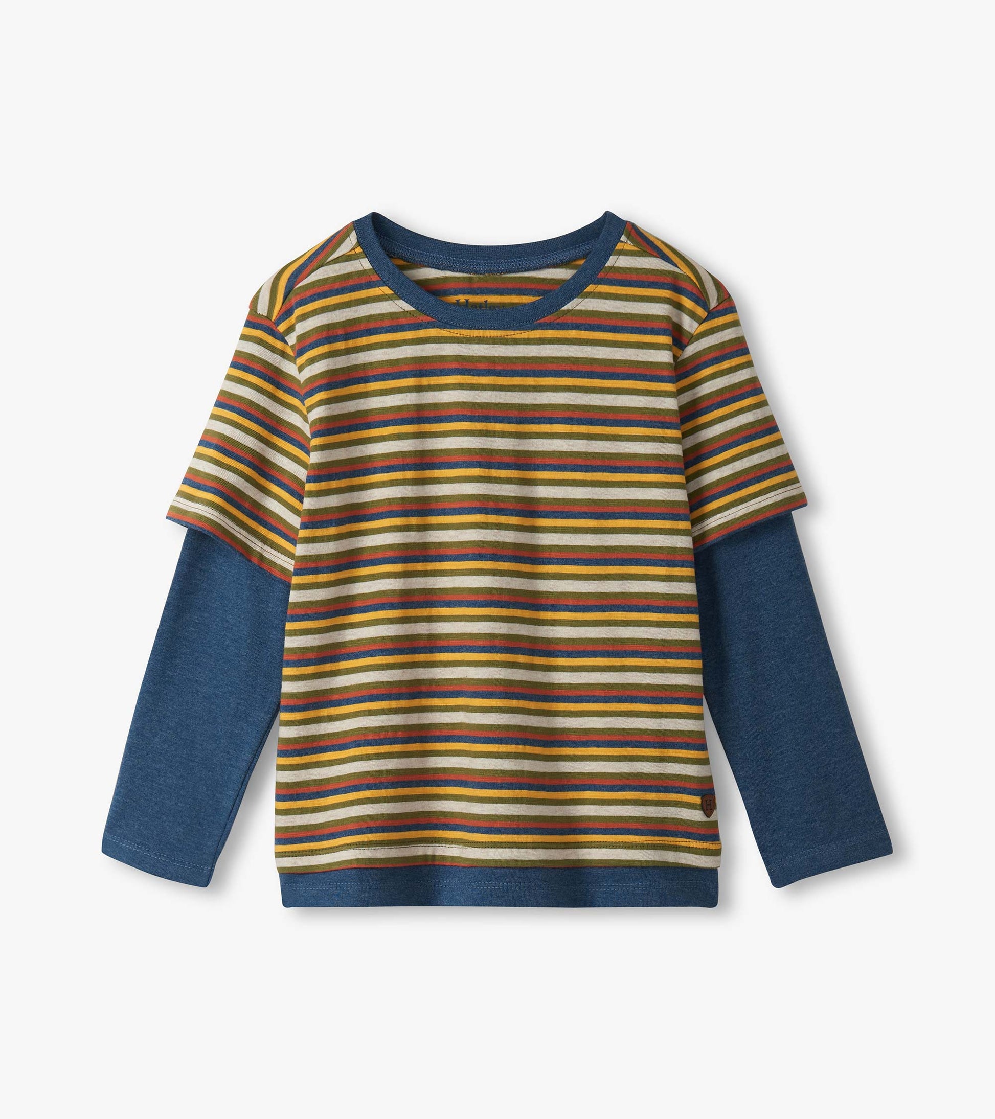 Long sleeve t-shirt featuring multicolored stripes on the front and solid blue sleeves, ideal for autumn wear.