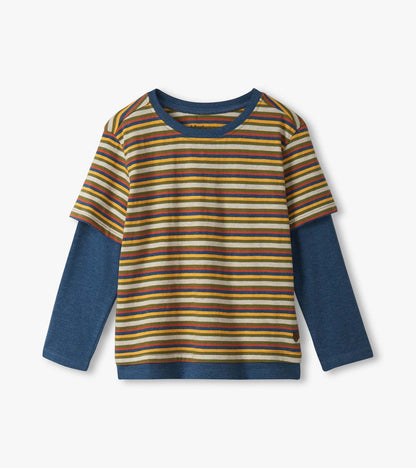Long sleeve t-shirt featuring multicolored stripes on the front and solid blue sleeves, ideal for autumn wear.