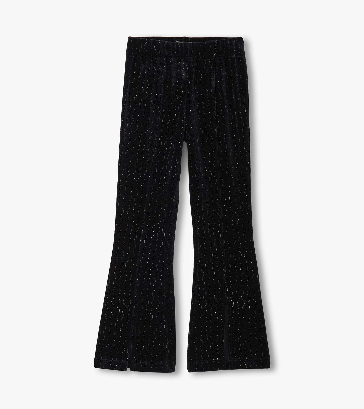 Black velour flared pants with a sparkle wave pattern, featuring an elastic waistband for comfort.